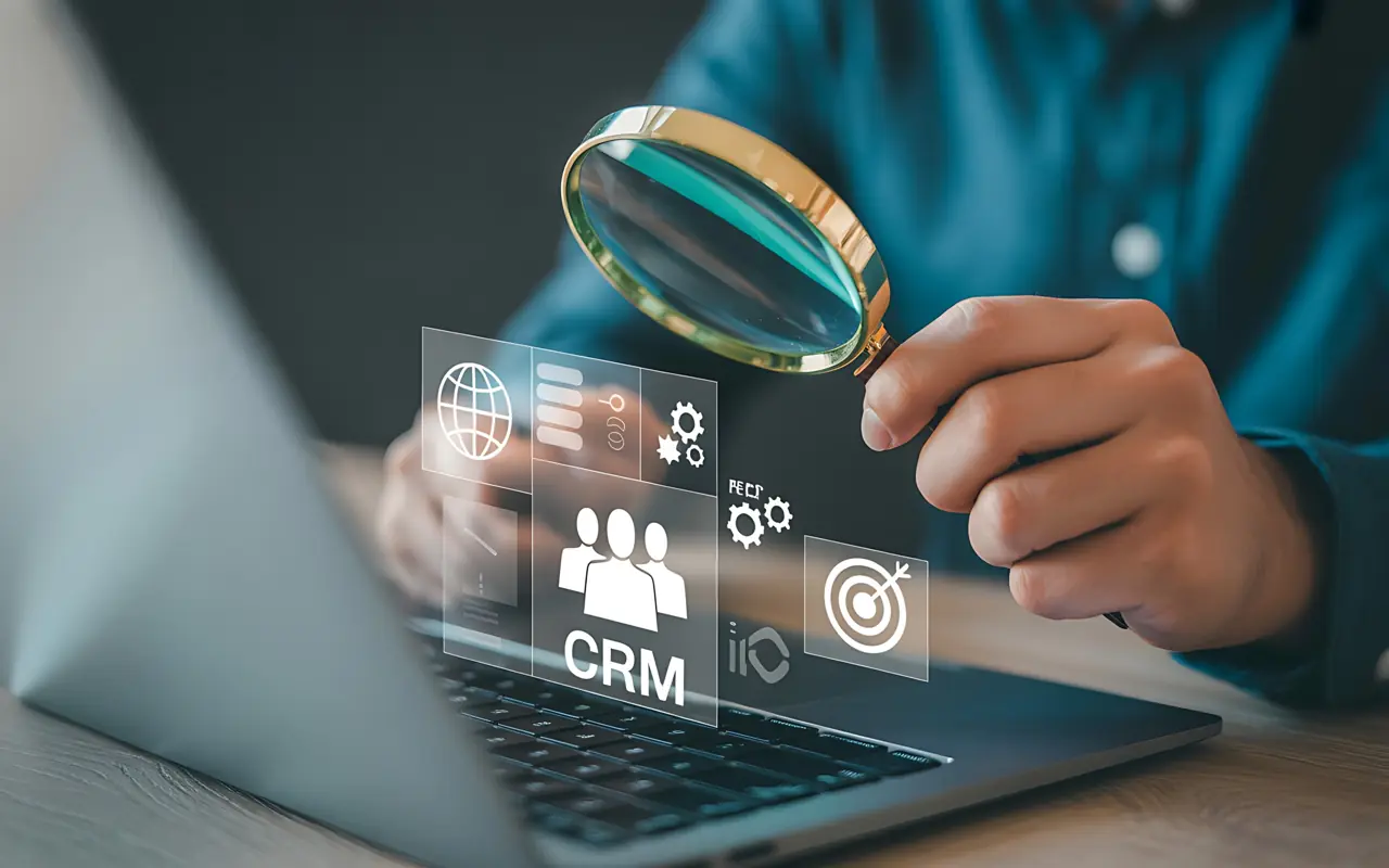 Consultant examining CRM data on a laptop with a magnifying glass